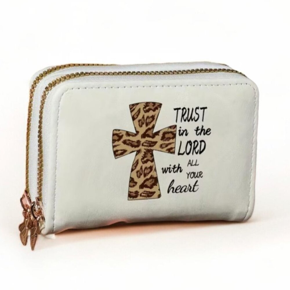 NEW - LEOPARD CROSS - FAUX LEATHER -TRUST IN THE LORD - ZIPPERED WALLET - WHITE